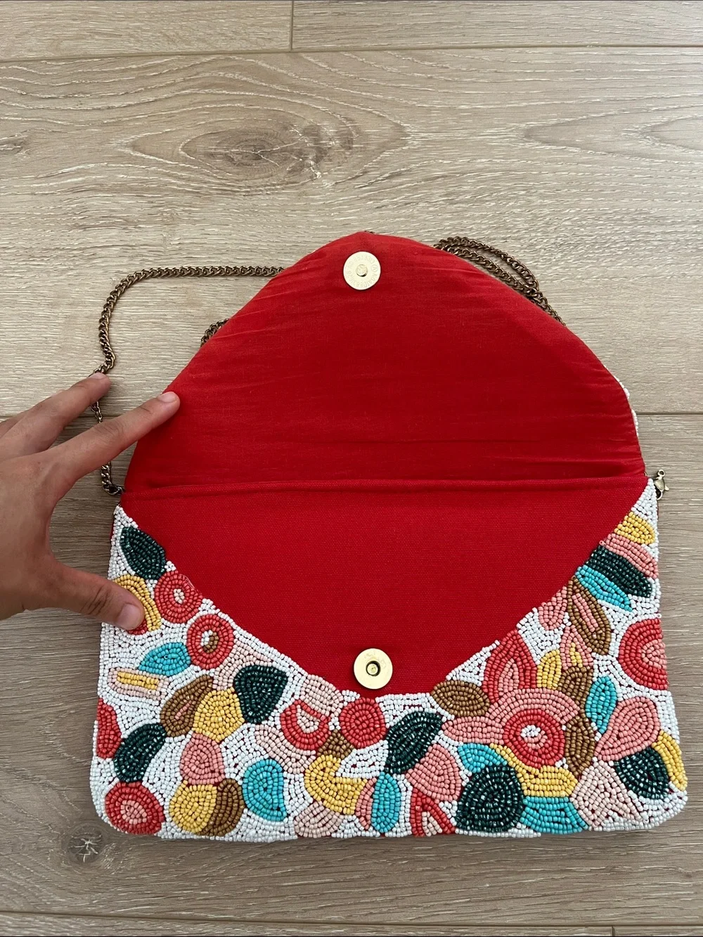 Beaded Floral Multicolor Envelope Clutch with Chain Strap